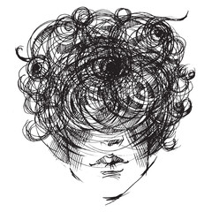 Female portrait. Line drawing of a woman's face. Fashion girl. Beautiful Hair. Graphic illustration. Fantasy Art