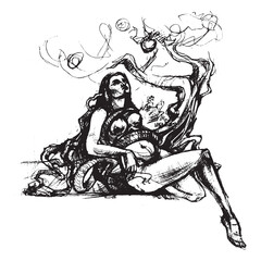 Figure of naked Eve with the Serpent in the Garden of Eden. Tree of knowledge. Temptation apple. Seduction of Eve. Forbidden fruit