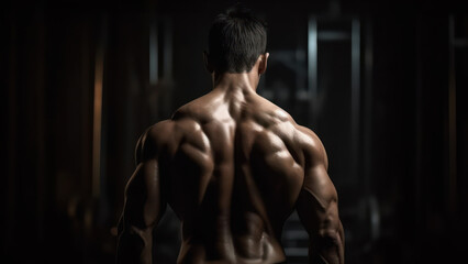 Fototapeta na wymiar muscular man back view of a bodybuilder athlete in dark background generative ai