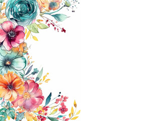 Watercolor border made of flowers with copy space on white background, created with generative AI