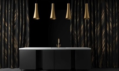  a black and gold bathroom with a sink and three lights hanging from the ceiling and a black curtain with gold lines on it and a black floor.  generative ai