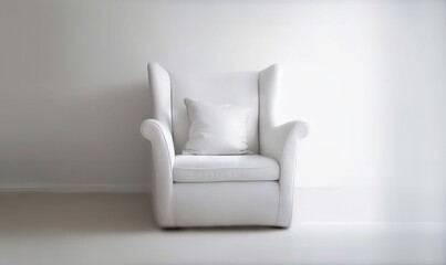  a white chair with a white pillow on it in a room with a white wall and a white wall behind it is a white chair with a white pillow on it.  generative ai