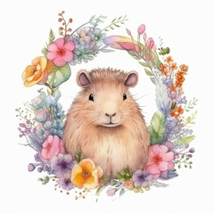 watercolor cute capybara, animal with flower wreath