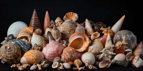 A collection of rare, vibrant seashells, showcasing the fascination for marine life and shell collecting, concept of Natural curiosity, created with Generative AI technology