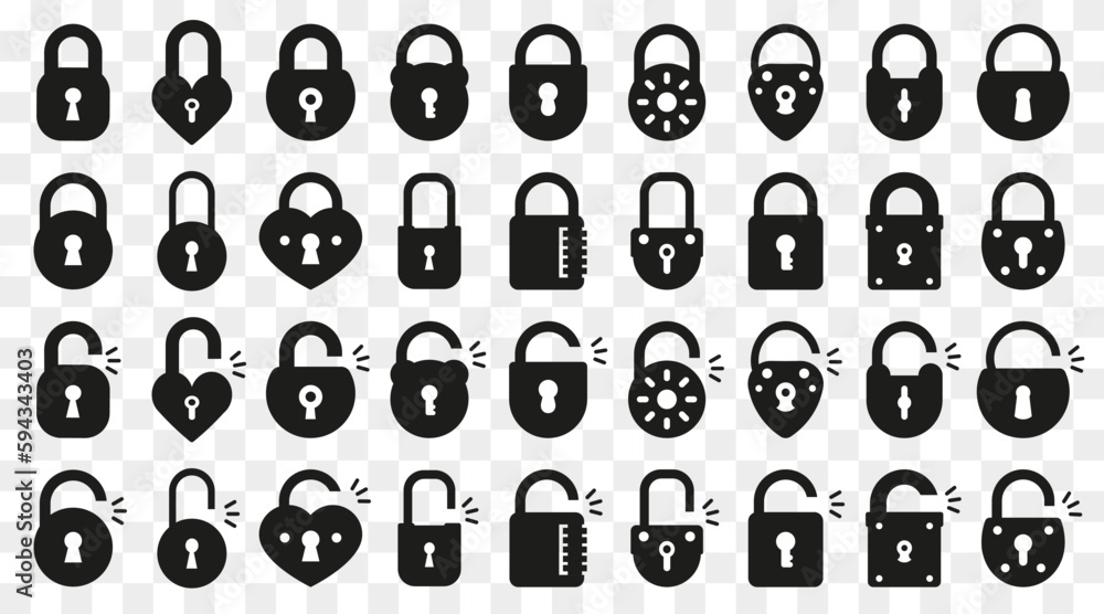 Poster Set of black lock icons. Black secure lock icons