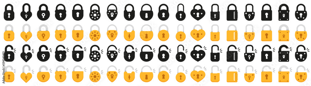 Poster Set of black and golden lock icons. Black and golden secure lock icons