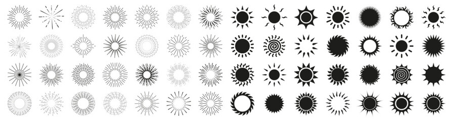 Set of sun and sunburst shapes. Sun icons and sunbeam collection