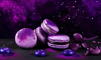 Obraz na płótnie Canvas a pile of macaroons sitting on top of a purple surface with stars in the sky behind them and purple and blue balls on the ground. generative ai