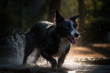 The beauty of a Border Collie breed dog is showcased in this environmental portrait as it shakes off water in a park setting, with generative AI technology
