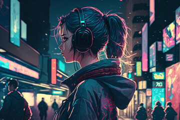 A woman with headphones on looking at a city at night, generative ai