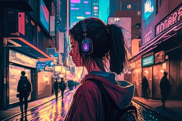 Fototapeta na wymiar A woman with headphones standing on a city street, generative ai