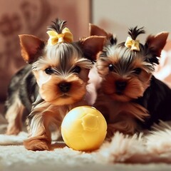yorkshire terrier puppies yellow rubber ball