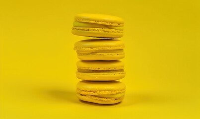  a stack of yellow macaroons sitting on top of a yellow background with the macaroons stacked on top of each other on a yellow background.  generative ai