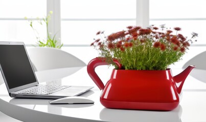  a laptop computer sitting on top of a table next to a red vase filled with flowers and a potted plant on top of a white table.  generative ai