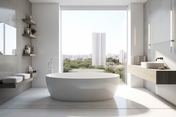 Naklejka na ściany i meble Front view on bright bathroom interior with bathtub, panoramic window. Generative AI