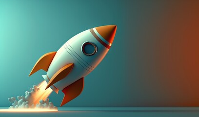  a rocket is flying through the air with smoke coming out of its bottom and landing on the bottom of the rocket with a bright blue background.  generative ai