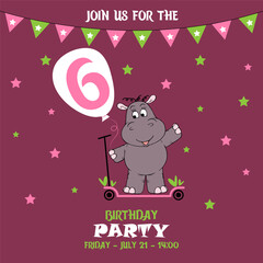 cute baby girl hippo on a scooter, birthday invitation, 6 years, join us for the birthday party
