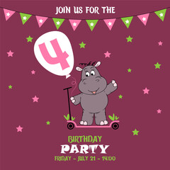 cute baby girl hippo on a scooter, birthday invitation, 4 years, join us for the birthday party