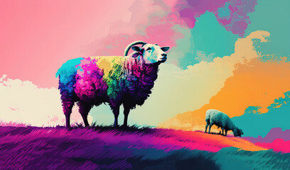  a painting of a sheep and a lamb grazing in a field with a colorful sky in the background and clouds in the sky above it.  generative ai