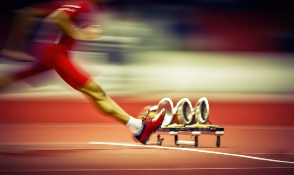  a man running past a row of wooden benches on top of a red track with white lines on the side of the track and a blurry image of a man running behind him.  generative ai
