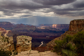 Monsoon season thunderstorms dropping rain over the Grand Canyon on a August afternoon, as seen from Moran Point on the south rim of canyon in Arizona, USA.