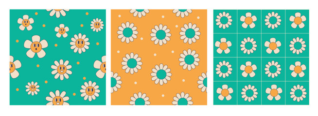 A set of fun seamless groove style patterns. Retro Trippy style. Hippie 60s, 70s style. Funny daisies
