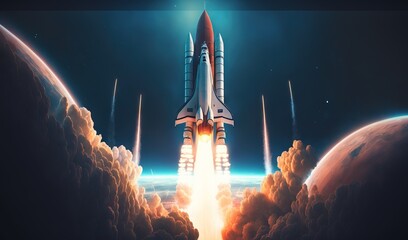  a space shuttle flying through the sky above clouds and earth with a bright sun in the background and a distant planet in the foreground.  generative ai