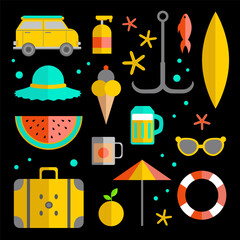 Collection of summer leisure objects in a flat style, summer collection elements, symbols, hobbies and relaxation items.