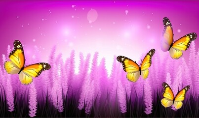 Fototapeta na wymiar three butterflies flying over a field of tall purple grass on a purple background with a pink sky and sunbeams in the background photo. generative ai