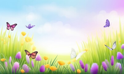 Plakat a field of flowers and butterflies with a sky in the backgrounnd of the image is a bright blue sky with a few clouds. generative ai