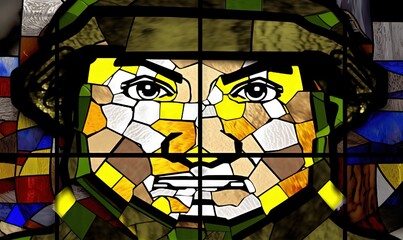  a close up of a stained glass window with a man's face in the center of the image, with a cross on the bottom.  generative ai