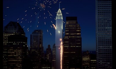  fireworks are lit up in the sky above a city skyline at night with skyscrapers lit up in the background and fireworks in the sky.  generative ai