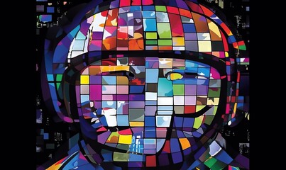  a colorful picture of a man's face made up of squares of different colors and shapes on a black background with a black background.  generative ai