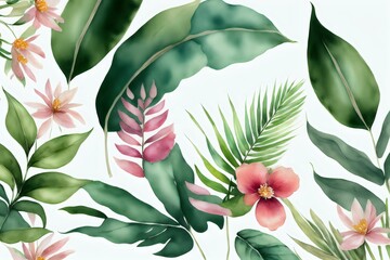 Green leaves with pink flowers watercolor painting graphic. Decoration print design. Pattern concept. Generative AI