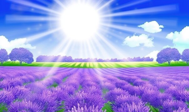  a field of lavender flowers under a blue sky with the sun shining over the horizon and trees in the distance with a bright sunburst. generative ai © Shanti