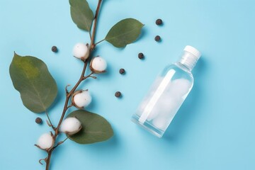 Wet bottle of micellar water, cotton pads and green twigs on light blue background, flat lay. Generative AI