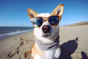 A dog wearing sunglasses and a scarf on the beach created with Generative AI technology