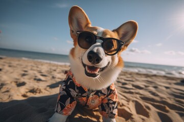 A corgi dog wearing sunglasses on the beach created with Generative AI technology