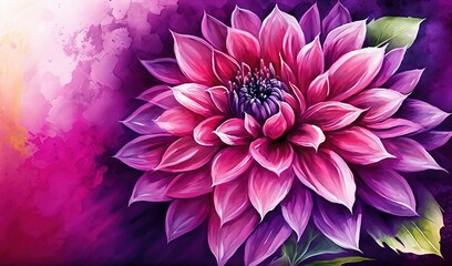  a painting of a purple flower on a purple and pink background with green leaves on the bottom of the flower and the center of the flower.  generative ai