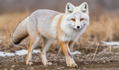 Naklejka na ściany i meble a red fox standing in a field with snow on the ground and grass in the foreground, with a brown and white background, with little snow on the ground. generative ai