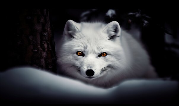  a white fox with orange eyes looking out from behind a tree in the snow with snow on the ground and a tree trunk in the foreground.  generative ai