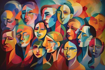Colorful abstractly painted men's and women's faces. Society concept. Generative AI