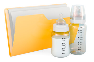 Yellow computer folder icon with baby bottles, 3D rendering