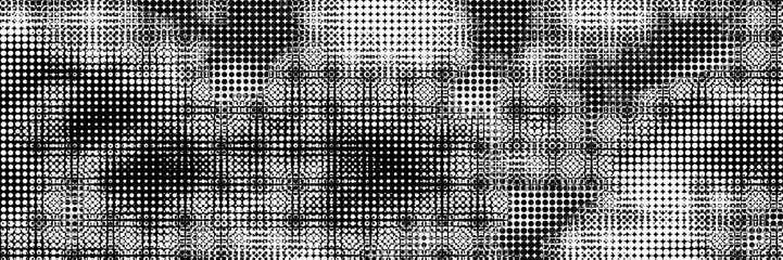 Grunge dark dirty monochrome banner with shapes background with white black halftone shapes on dark splattered background, with dots grunge swoosh smudge shape and messy drop with dots pattern.	
