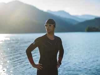 A triathlon swimmer preparing for a river training to gear up for a marathon