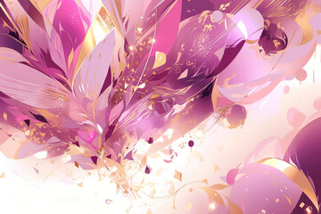  a purple and gold abstract background with flowers and leaves in the center of the image is a white background with a gold border and a white border.  generative ai