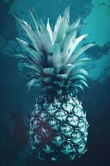  a pineapple with a blue background and a splash of water on it's surface is shown in the foreground of the image.  generative ai