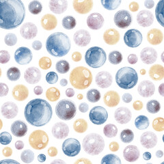 Watercolor Bubbles seamless Pattern. Hand drawn illustration of round colorful elements on isolated background for wrapping paper or textile design. Backdrop with blue circles for wallpaper or fabric.