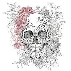skull and roses line art drawing Generative AI	