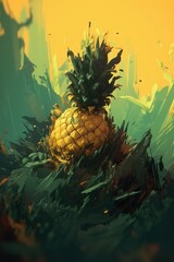  a digital painting of a pineapple surrounded by leaves and plants on a sunny day with a yellow sky in the backgrouund.  generative ai